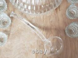 Set 20 Vintage Glass Crystal HEAVY 10 lb PUNCH BOWL-Cups-Ladle/LE Smith