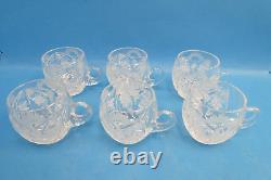 Set of 6 Vintage Clear Etched Crystal Star Pattern Punch Bowl Drinking Cups