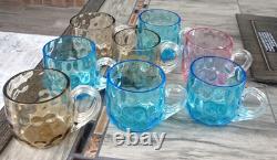 Set of 8 Hobbs Brokunier Glass Inverted Coin Dot Punch Cups Azure Blue Grey Pink