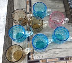 Set of 8 Hobbs Brokunier Glass Inverted Coin Dot Punch Cups Azure Blue Grey Pink