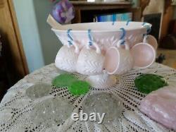 Shell Pink Milk Glass Absolutely Lovely Punch Bowl Cups Ladle Perfect with hangers