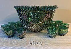 Signed Fenton Art Glass Opalescent Hobnail Punch Bowl & Cups