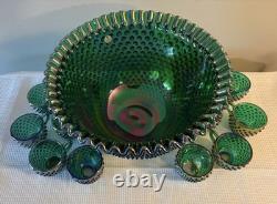 Signed Fenton Art Glass Opalescent Hobnail Punch Bowl & Cups
