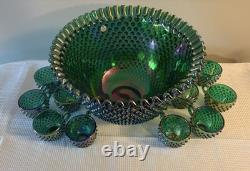 Signed Fenton Art Glass Opalescent Hobnail Punch Bowl & Cups