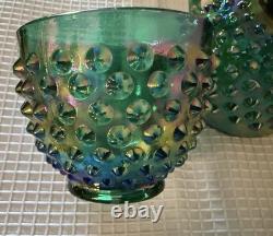 Signed Fenton Art Glass Opalescent Hobnail Punch Bowl & Cups