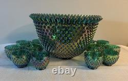 Signed Fenton Art Glass Opalescent Hobnail Punch Bowl & Cups