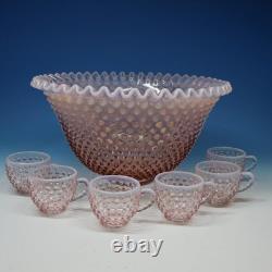 Signed Fenton Art Glass Peach Opalescent Hobnail Punch Bowl and 6 Punch Cups