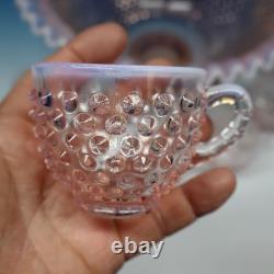 Signed Fenton Art Glass Peach Opalescent Hobnail Punch Bowl and 6 Punch Cups