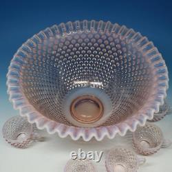 Signed Fenton Art Glass Peach Opalescent Hobnail Punch Bowl and 6 Punch Cups Signed Fenton Art Glass Peach Opalescent Hobnail Punch Bowl and 6 Punch Cups