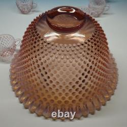 Signed Fenton Art Glass Peach Opalescent Hobnail Punch Bowl and 6 Punch Cups