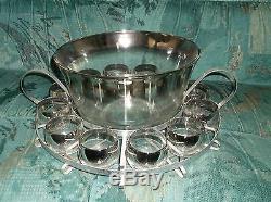 Silver flashed glass punch bowl set aluminum frame retro mid century mod thorpe