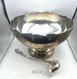 Silverplate Pedestal Punch Bowl with Ladle Grape Vine Design Vintage As