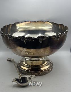 Silverplate Pedestal Punch Bowl with Ladle Grape Vine Design Vintage As