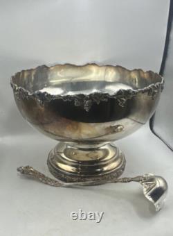 Silverplate Pedestal Punch Bowl with Ladle Grape Vine Design Vintage As