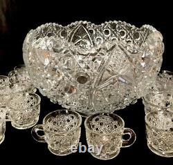 Smith Daisy And Button Pressed Glass Complete Punch Bowl Set 18 Cups