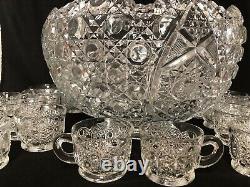 Smith Daisy And Button Pressed Glass Complete Punch Bowl Set 18 Cups