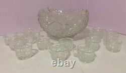 Smith Glass Daisy & Button Pattern Glass Punch Bowl/ 18 Cups Complete Set