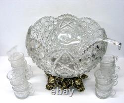 Smith Glass Punch Bowl Metal Stand 12 Cups & Ladle Daisy & Button Design