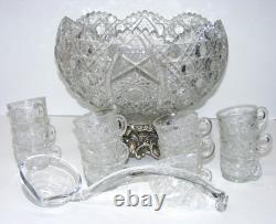 Smith Glass Punch Bowl Metal Stand 12 Cups & Ladle Daisy & Button Design