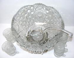 Smith Glass Punch Bowl Metal Stand 12 Cups & Ladle Daisy & Button Design