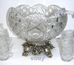 Smith Glass Punch Bowl Metal Stand 12 Cups & Ladle Daisy & Button Design Smith Glass Punch Bowl Metal Stand 12 Cups & Ladle Daisy & Button Design