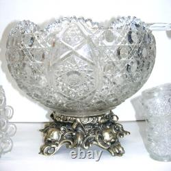 Smith Glass Punch Bowl Metal Stand 12 Cups & Ladle Daisy & Button Design