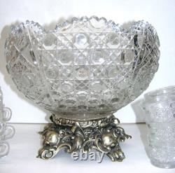 Smith Glass Punch Bowl Metal Stand 12 Cups & Ladle Daisy & Button Design