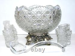Smith Glass Punch Bowl Metal Stand 12 Cups & Ladle Daisy & Button Design