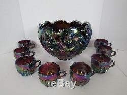 Smith Glass Whirling Star Amethyst Carnival Glass Punch Bowl Set