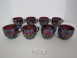 Smith Glass Whirling Star Amethyst Carnival Glass Punch Bowl Set