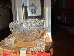 Smith glass punch bowl set vintage-18 cups, crystal handle-holiday bowl, never