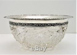 Sterling Silver & Cut Glass Punch Bowl Marked Sterling Scrolling Leaf Motif