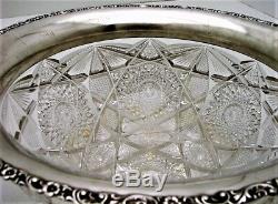 Sterling Silver & Cut Glass Punch Bowl Marked Sterling Scrolling Leaf Motif
