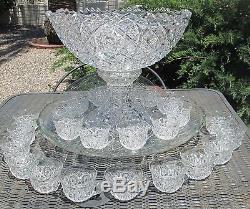 Stunning 26 Pc Pedestal Base Cut Glass Crystal ABP Punch Bowl Set Diamond Design