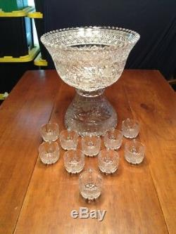 Stunning Antique ABP Brilliant Period Cut Glass Heavy 2pc Punch Bowl/10 Cups
