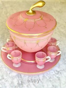 Stunning Antique PINK Opaline Punch Bowl set, Bohemian or France 19th Century