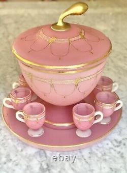 Stunning Antique PINK Opaline Punch Bowl set, Bohemian or France 19th Century