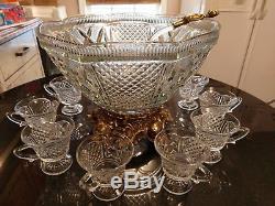 Stunning Antique Punch Bowl With Matching Cups & Metal Base