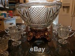 Stunning Antique Punch Bowl With Matching Cups & Metal Base