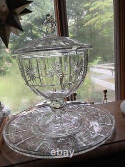 Stunning Cut Glass Starburst Punch Bowl With Lid & 16 Undertray SPECTACULAR