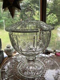 Stunning Cut Glass Starburst Punch Bowl With Lid & 16 Undertray SPECTACULAR