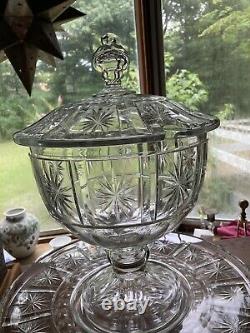 Stunning Cut Glass Starburst Punch Bowl With Lid & 16 Undertray SPECTACULAR