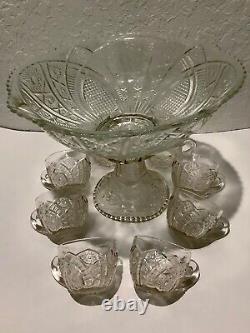 Stunning! Early American Vintage Cut Glass 10 Piece Punch Bowl Set