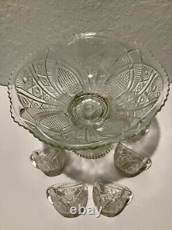 Stunning! Early American Vintage Cut Glass 10 Piece Punch Bowl Set