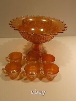 Stunning Fenton Orange Tree Carnival Glass Punch Bowl/Base and Cups