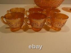 Stunning Fenton Orange Tree Carnival Glass Punch Bowl/Base and Cups