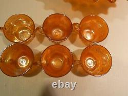 Stunning Fenton Orange Tree Carnival Glass Punch Bowl/Base and Cups