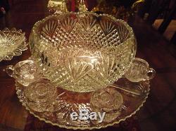 Stunning Heavy Antique Glass 20-24 Cup Punch Bowl with Platter