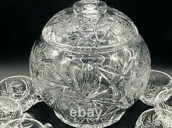 Stunning High Quality Czech Bohemian Cut to Clear Lidded Punch Bowl withCups