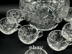 Stunning High Quality Czech Bohemian Cut to Clear Lidded Punch Bowl withCups